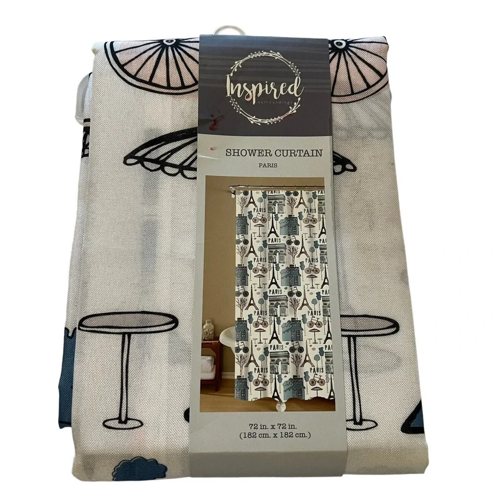 Paris Shower Curtain Eiffel Tower Inspired Surroundings 72 X 72 White Blue Gray